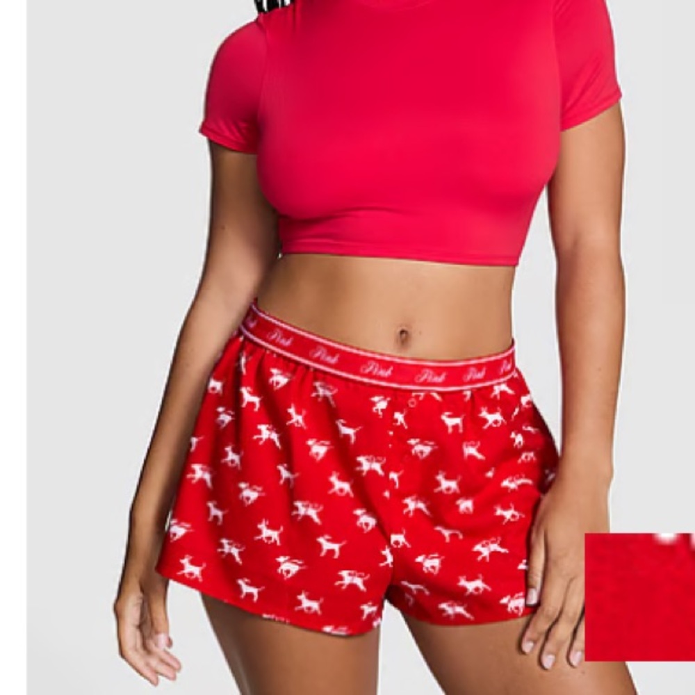 PINK Flannel Boxy Bright Red Vermillion Dogs Pajama Shorts, NWT
